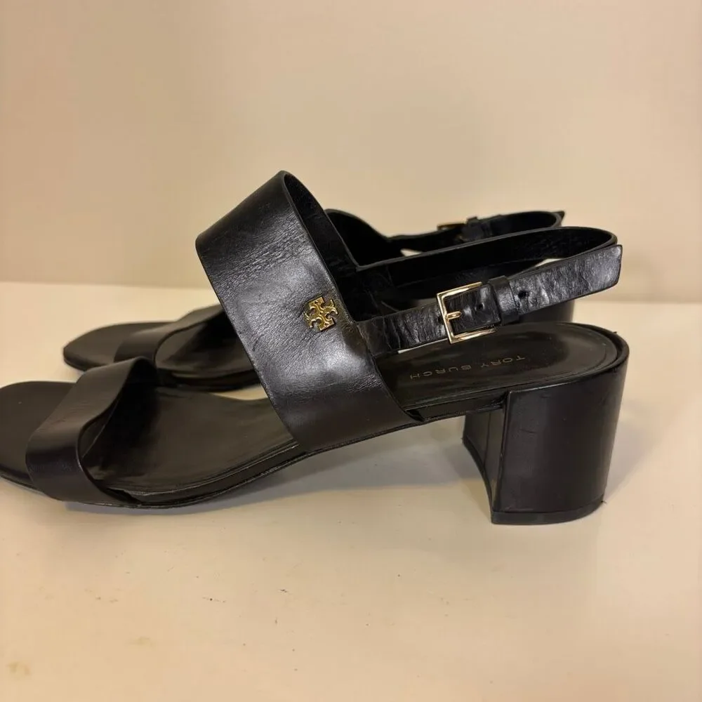 Tory Burch Black Leather Low Block Heel Sandals Size 8.5 - Picture 3 of 10